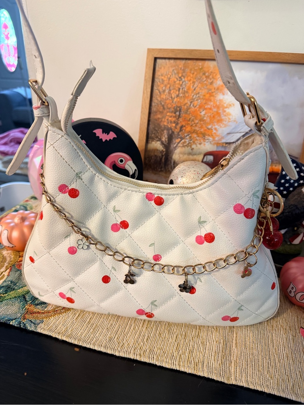 White Cherry-Print Quilted Shoulder Bag